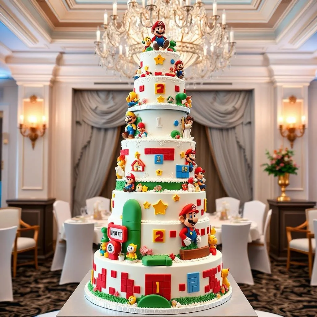 Grote bruidstaart met Super Mario-thema in een elegante zaal.