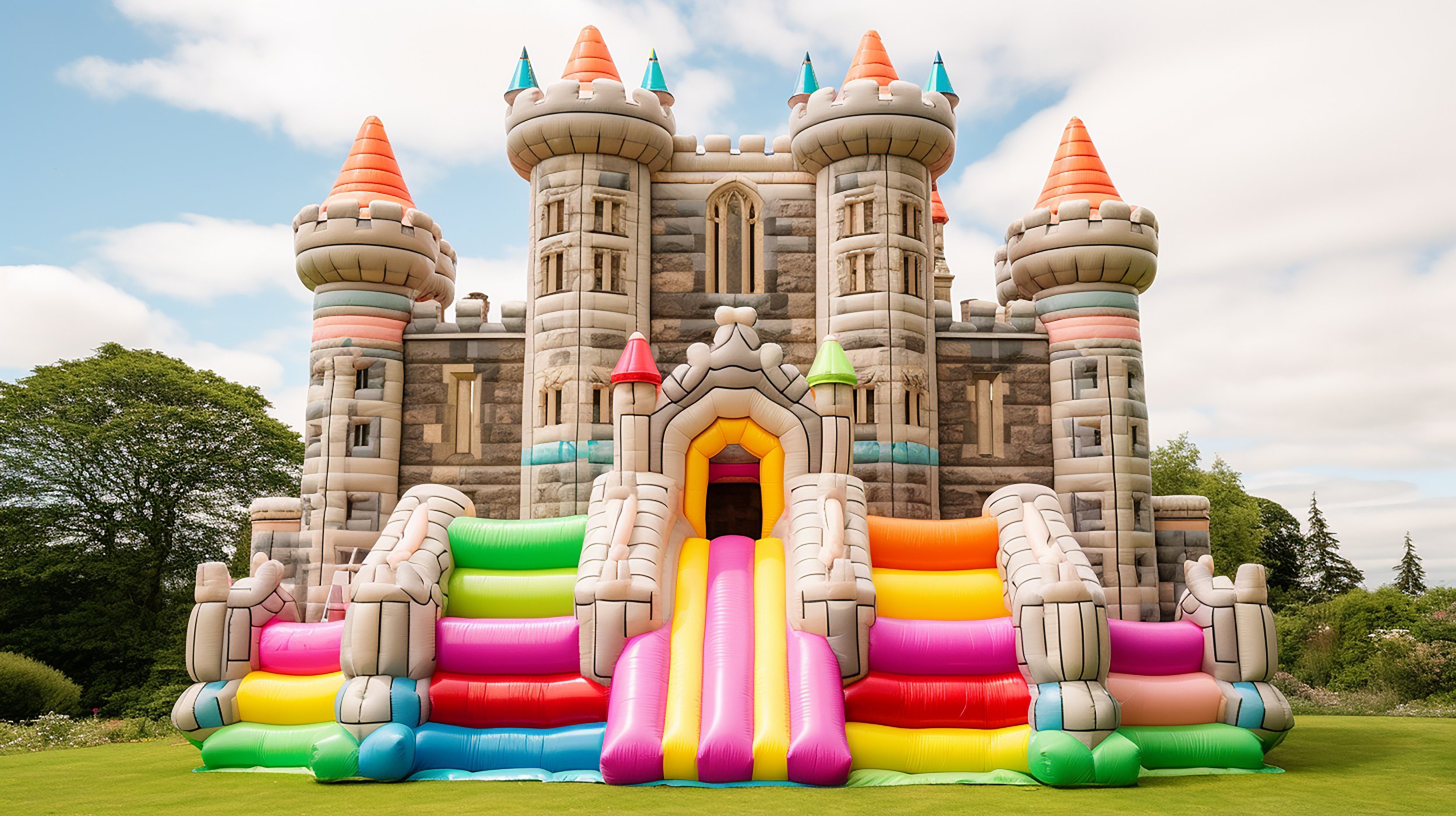 Groot kleurrijk springkasteel in de vorm van een kasteel met torens en glijbanen op een grasveld onder een blauwe hemel.