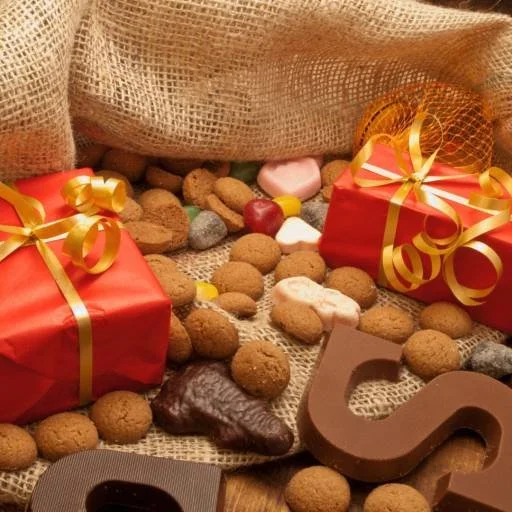 Verpakt cadeau met gouden lint, verschillende snoepjes en kramiek op een stoffen doek.