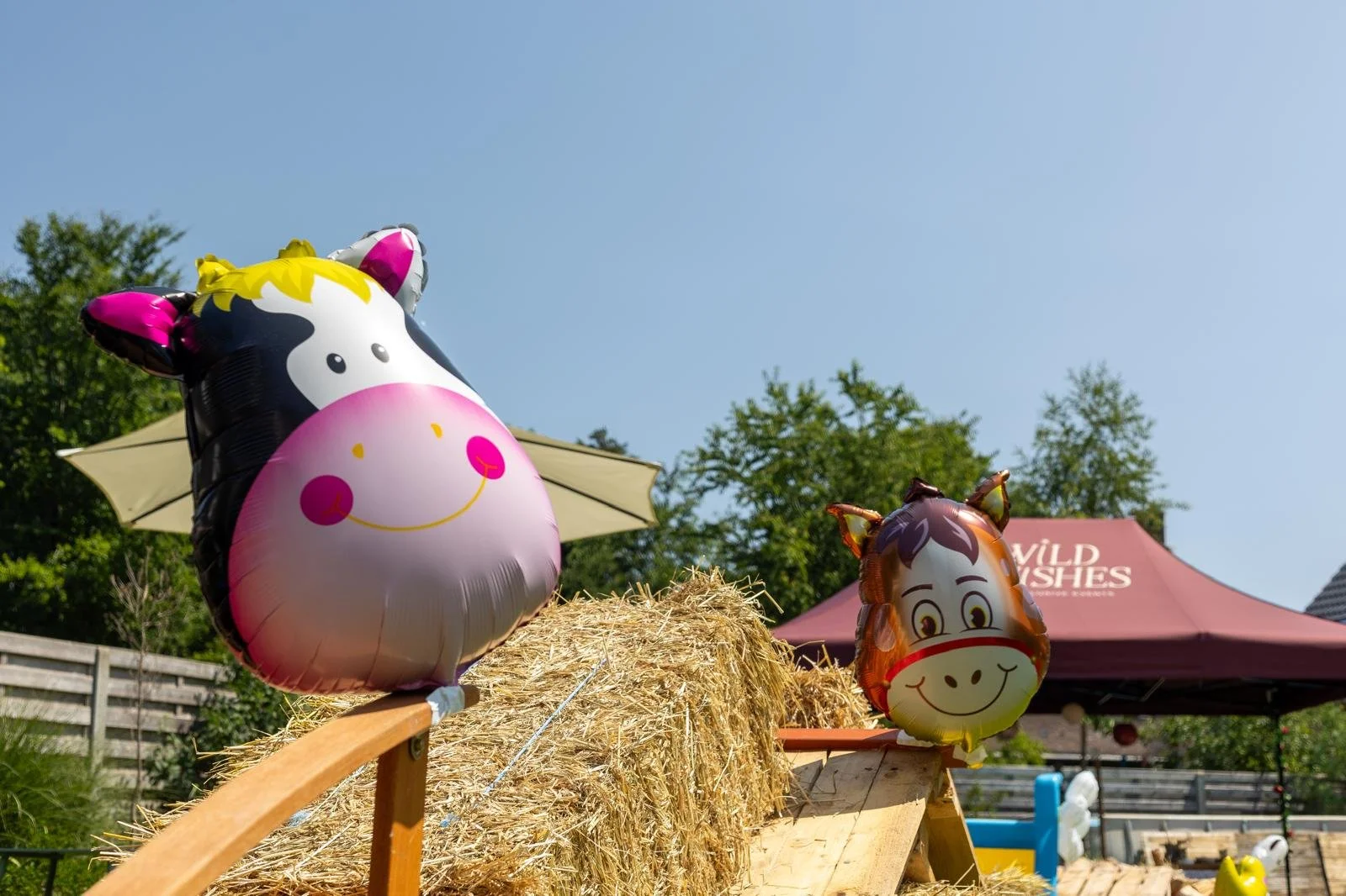 Heliumballonnen in de vorm van een koe en een paard, geplaatst op een strobalen stapel tijdens een zomers evenement met een tent en groene bomen op de achtergrond.