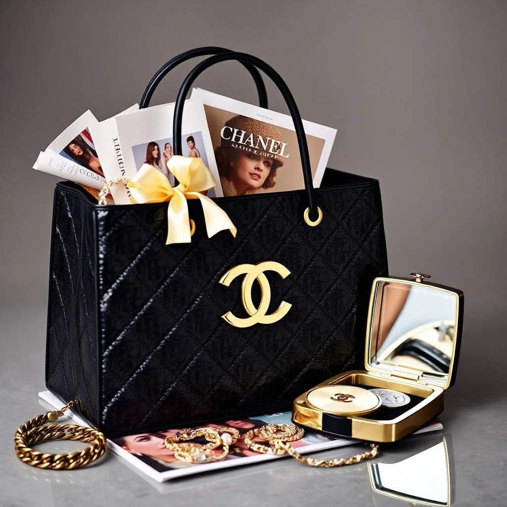 Zwarte designerhandtas met gouden logo, gevuld met tijdschriften en brochures. Nabijgelegen glimmende gouden armbanden en een open make-upcompact. Elegante presentatie op een tafel.