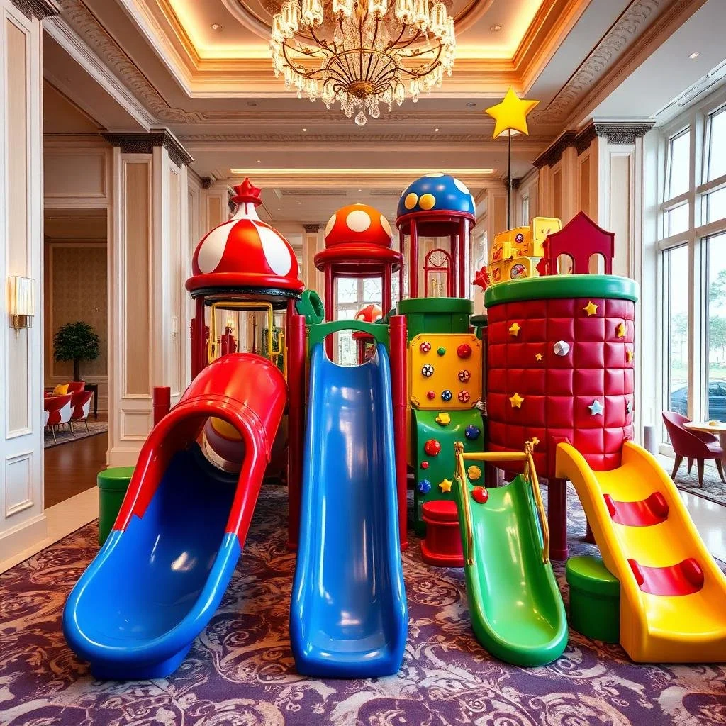 Kleurrijke binnenspeeltuin met glijbanen en torentjes in een luxe omgeving.