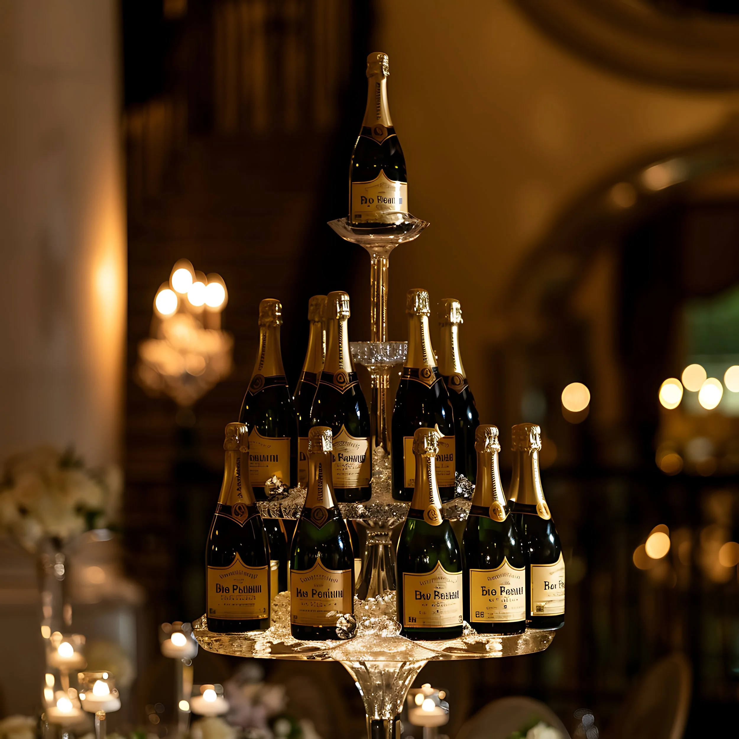 Flessen mousserende wijn op een glazen toren, sfeerverlichting op de achtergrond.