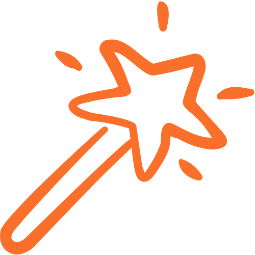 Een teken van een toverstaf met een ster en stralen eromheen, in oranje kleur.
