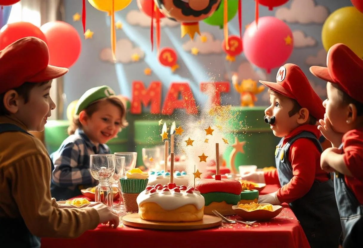 Kinderen verkleed als videogamepersonages vieren een verjaardagsfeest met taart en versieringen.