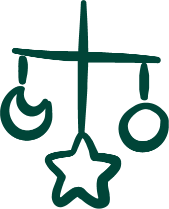 Illustratie van een baby mobiel met een maan, cirkel en ster.