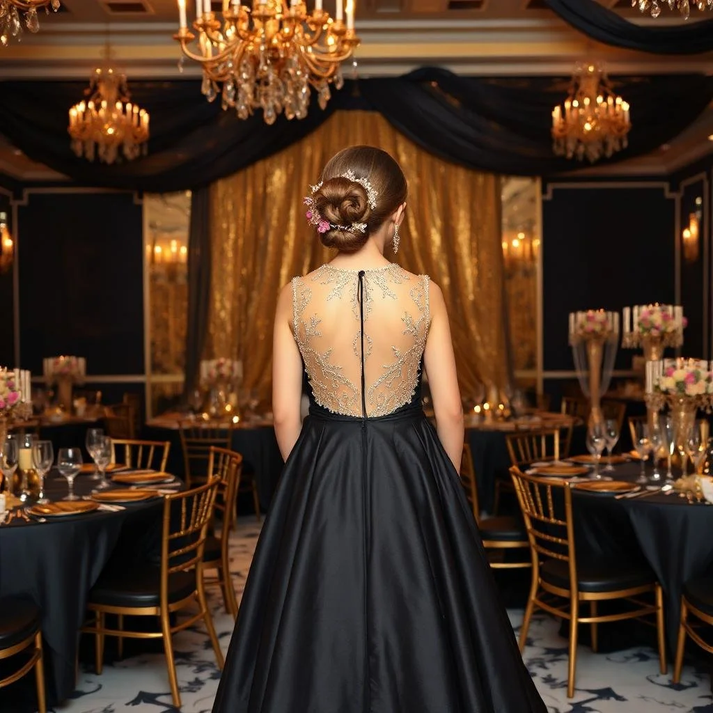 Een vrouw in een elegante zwarte avondjurk met geborduurde achterkant staat in een weelderige feestzaal met gouden decoraties en gedekte tafels.