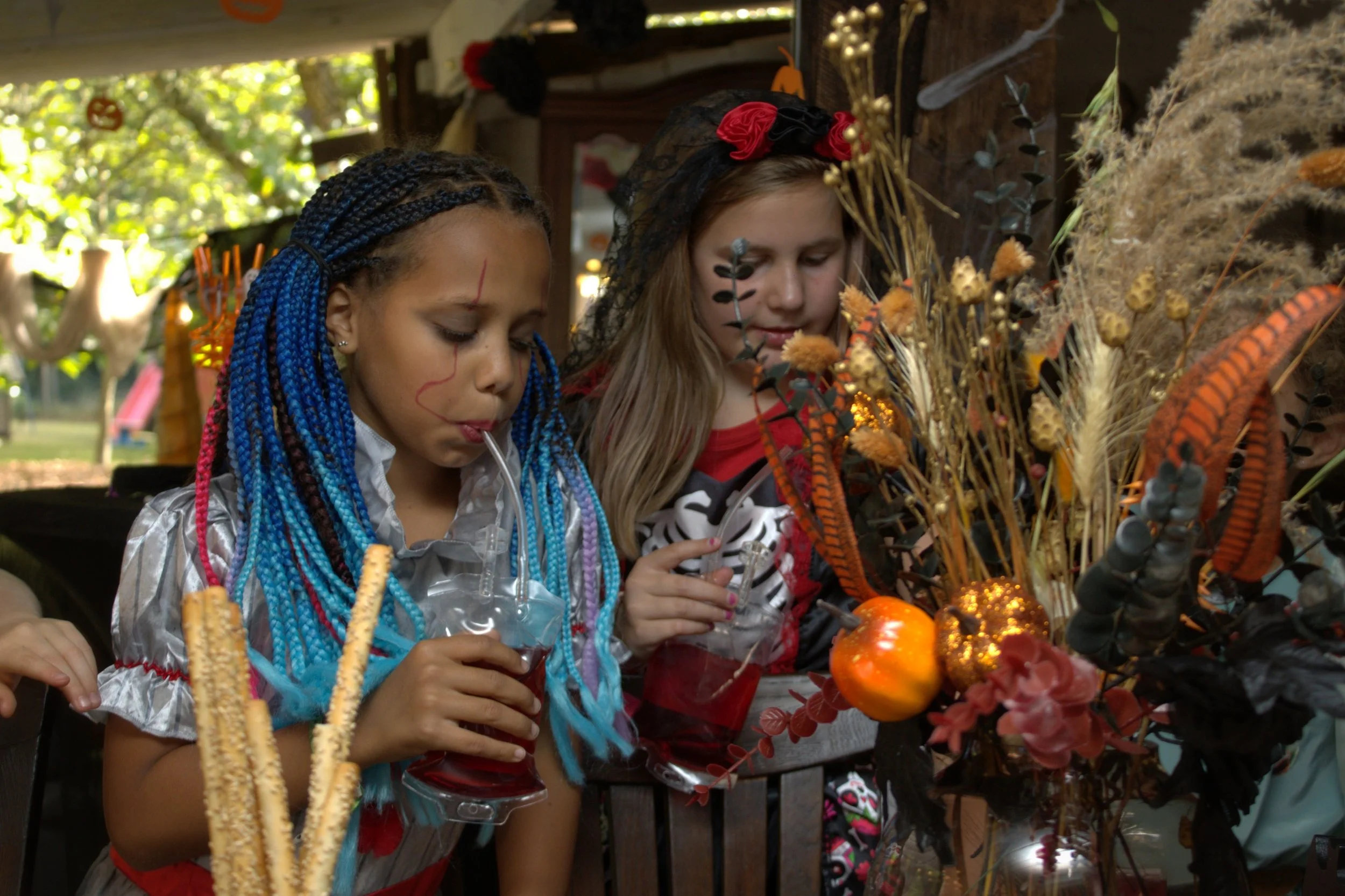 Twee jonge meisjes met verkleedkleding drinken uit glazen met een rood drankje, omgeven door een herfstdecoratie met gedroogde bloemen, bladeren en zaden.