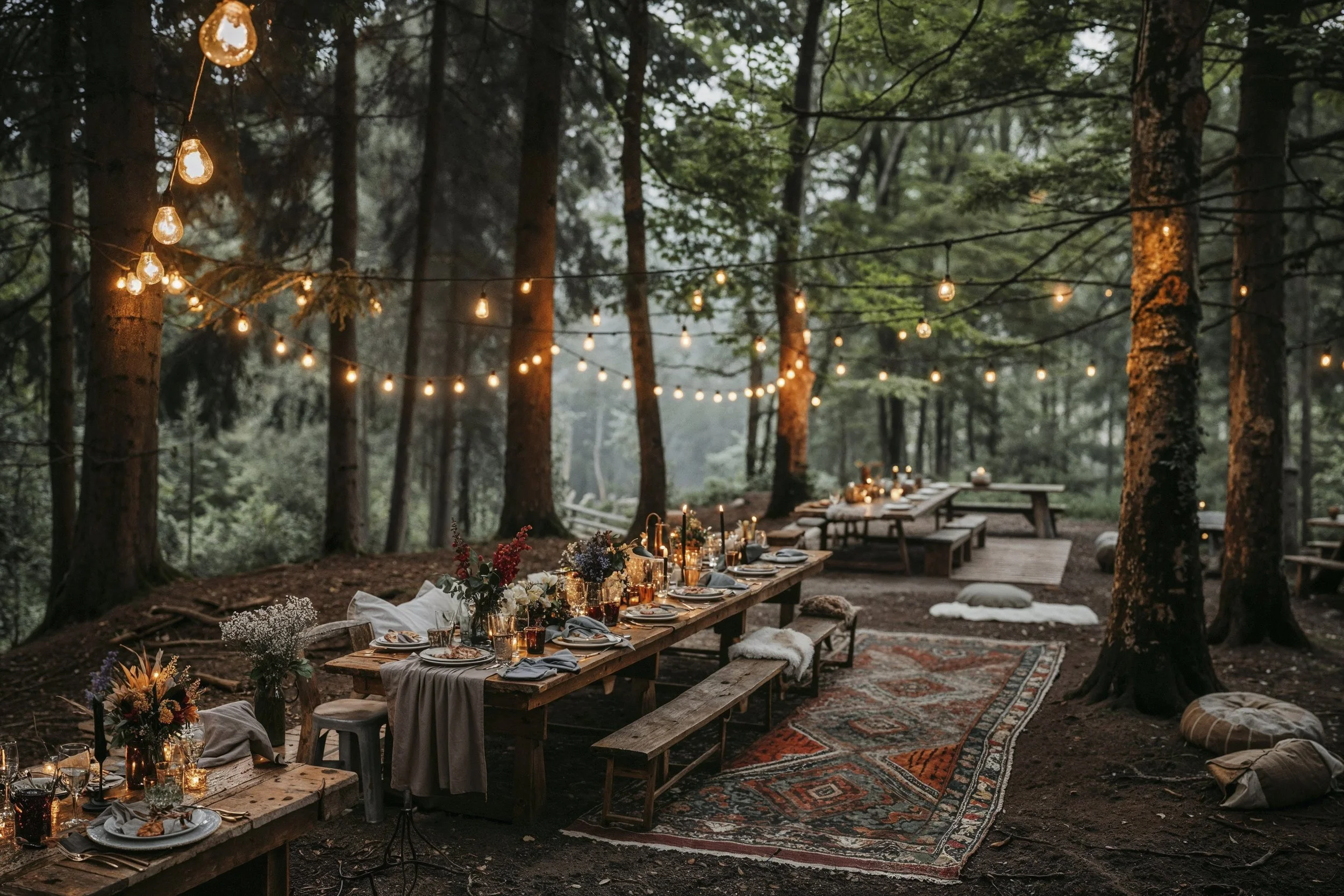 Buitenetentje in een bos met lange tafels, stoelen en sfeerverlichting in de bomen. Tafels zijn gedekt met bloemen, borden en glazen.