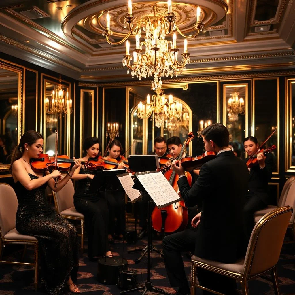 Klassiek muziekensemble speelt strijkinstrumenten in een elegante, donker ingerichte kamer met kroonluchters.