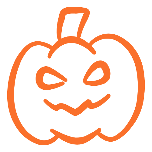 Simplistische tekening van een lachende pompoen met gezicht, meestal geassocieerd met Halloween.