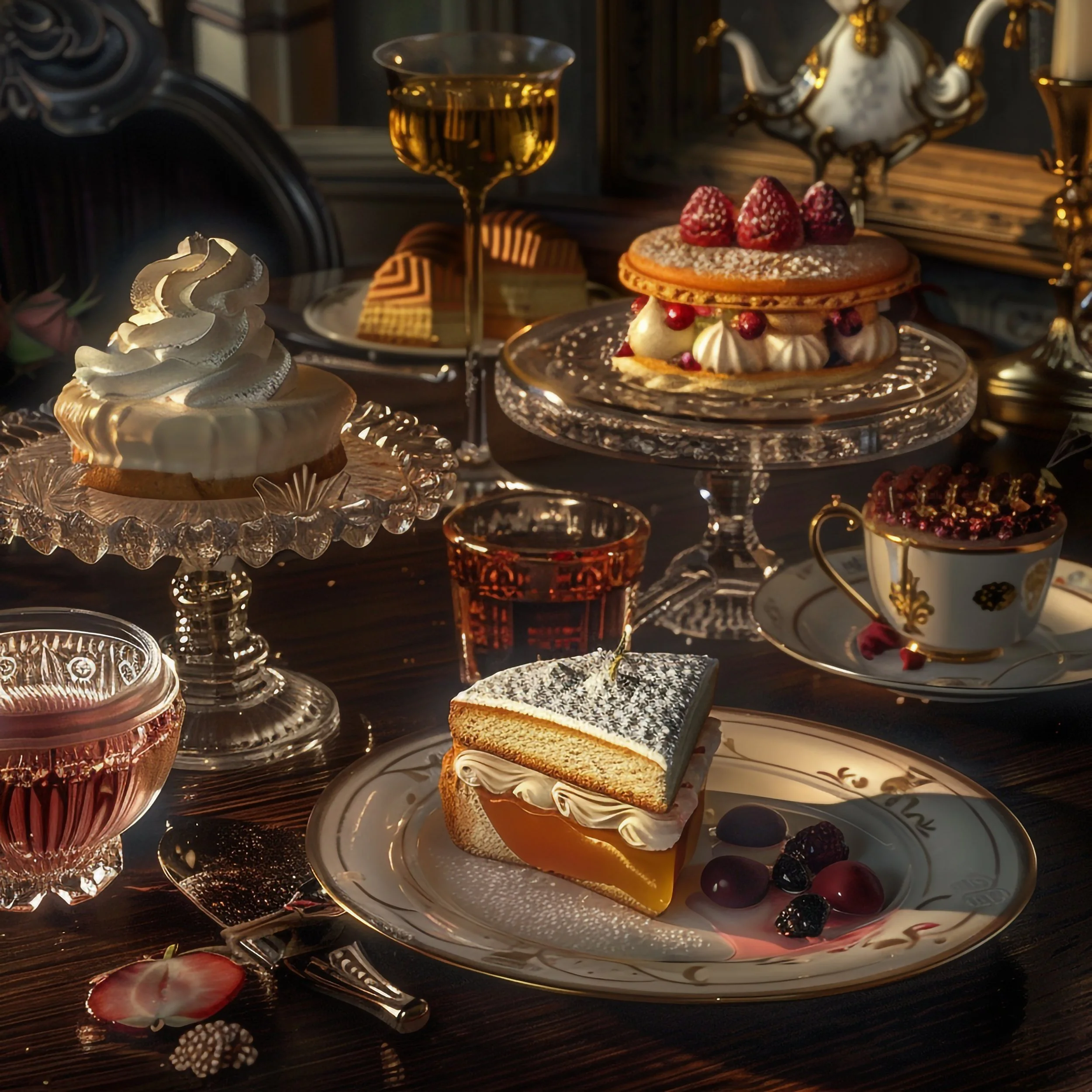 Verschillende soorten gebak en desserts op glazen schalen, met een kopje thee of koffie en glazen drankjes op een elegante tafel. Versieringen en vruchten naast de desserts.