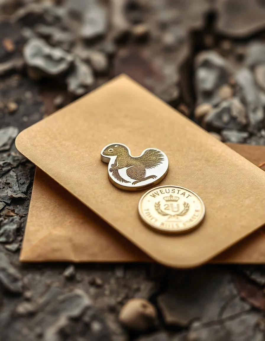 Bruine envelop met decoratief hangertje van een eekhoorn en een muntje met het opschrift 'WEUSTAT'. De achtergrond is een rotsachtige ondergrond.