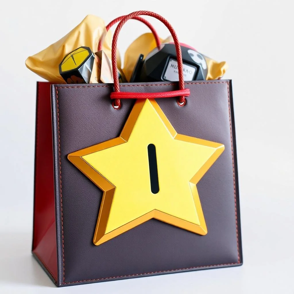 Bruine cadeauzak met rode handvatten en een gele ster erop, gevuld met papier en cadeaus.