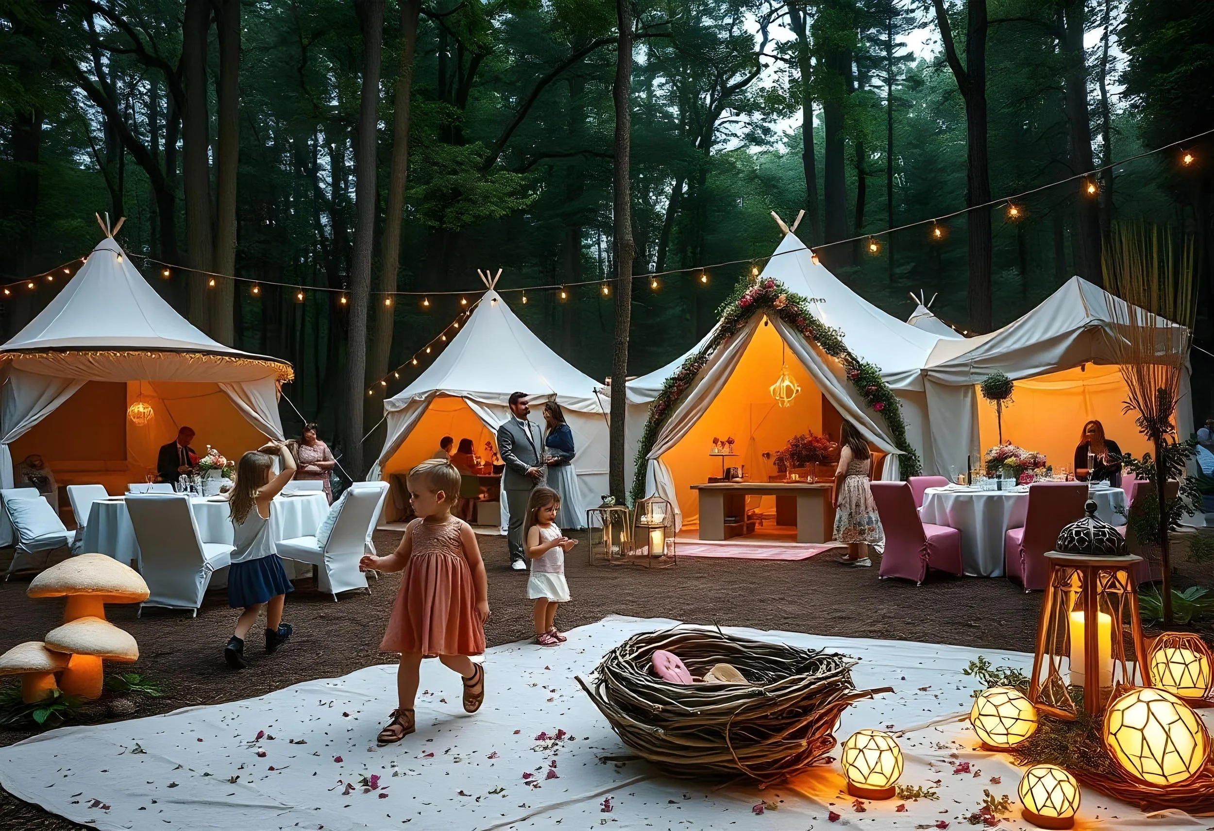 Openluchttentenkamp met decoratieve verlichting en activiteiten, kinderen spelend, gasten converseren, feestelijke sfeer in een bosrijke omgeving.