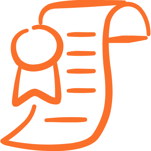 Schermafbeelding van een diploma met een lint en een lange lijst of tekst ernaast.