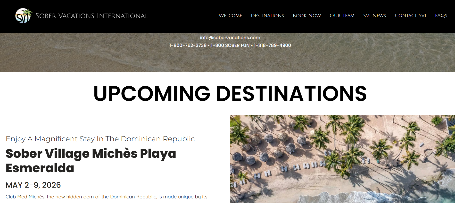 Sober vacations international homepage screenshot