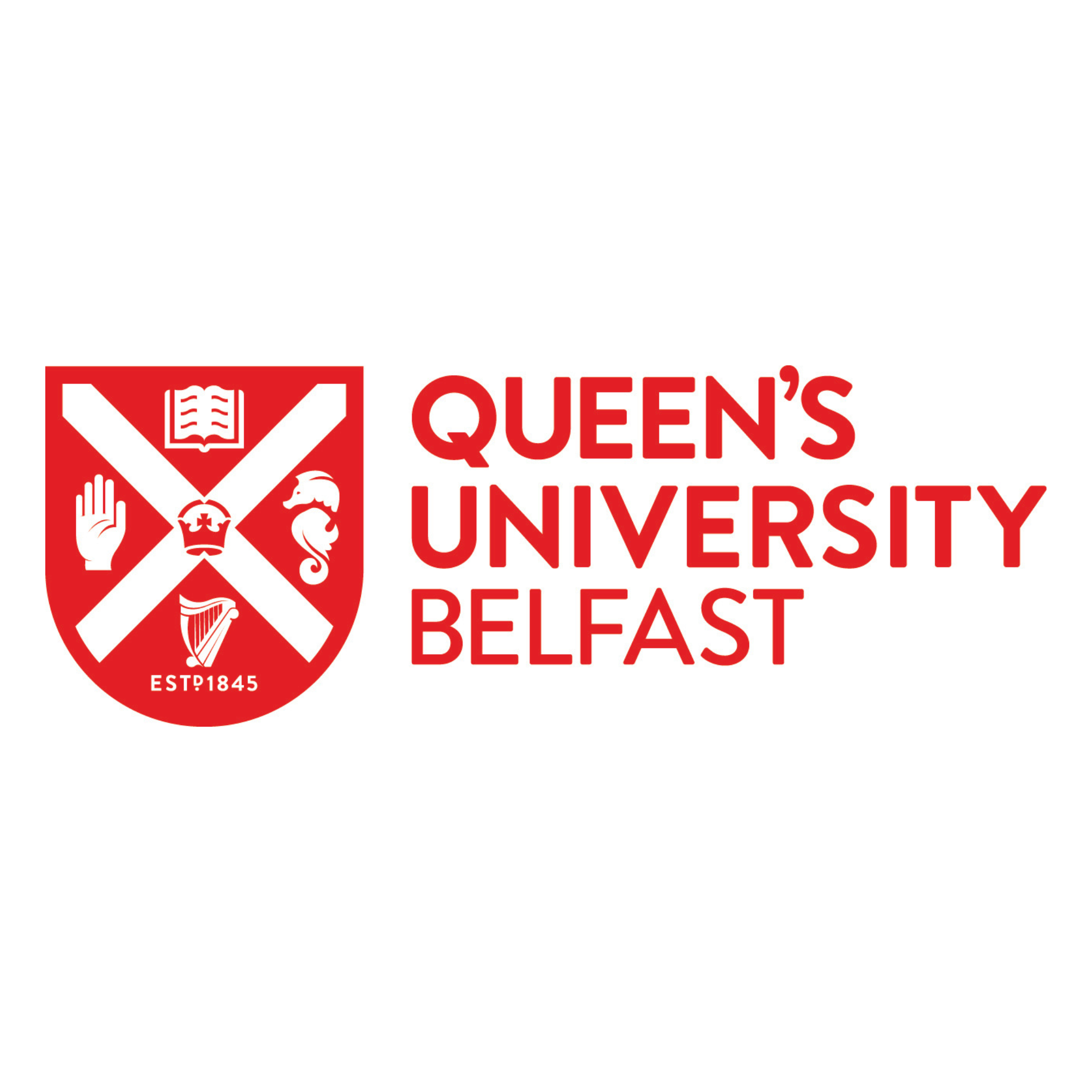 Logo of Queen's University Belfast featuring a shield with symbols and the text "Queen's University Belfast" in red.