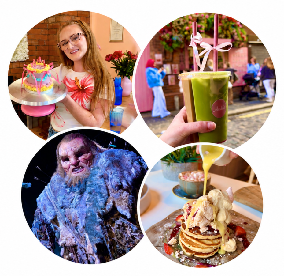 A collage of four circular images featuring a girl with a cake, a hand holding a drink, a creature with a monstrous appearance, and a stack of pancakes with syrup.