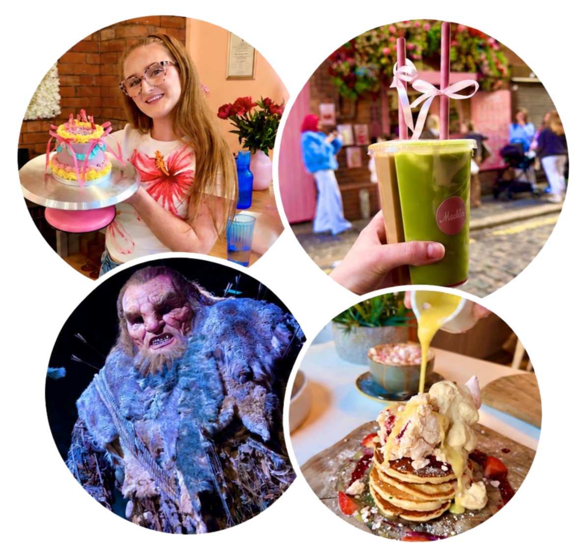 A collage of four images: a woman holding a colorful birthday cake, a hand holding a green drink with pink straws, a scene from a theatrical show with a character wearing a blue costume and makeup, and a stack of pancakes topped with ice cream and syrup.