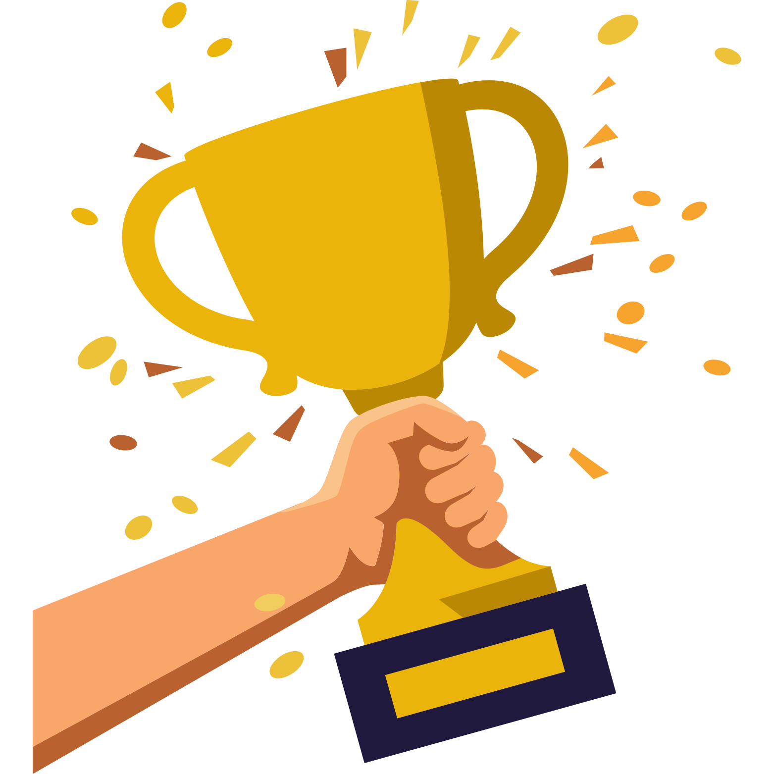 A hand holding a gold trophy cup with confetti around it, symbolizing victory or achievement.