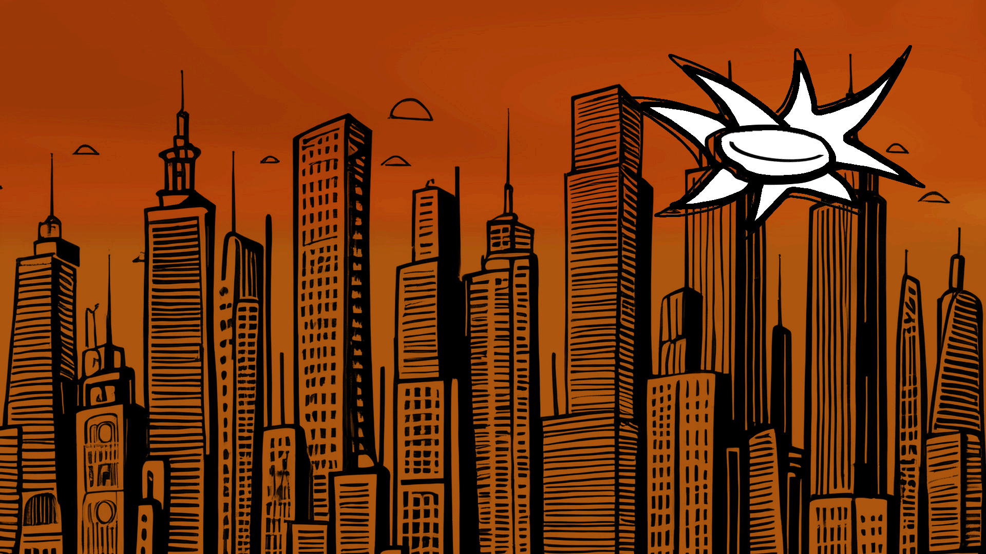 Skizze einer Stadt mit hohen Gebäude und einem sich öffnenden Auge am Himmel, orangefarbenen Hintergrund.