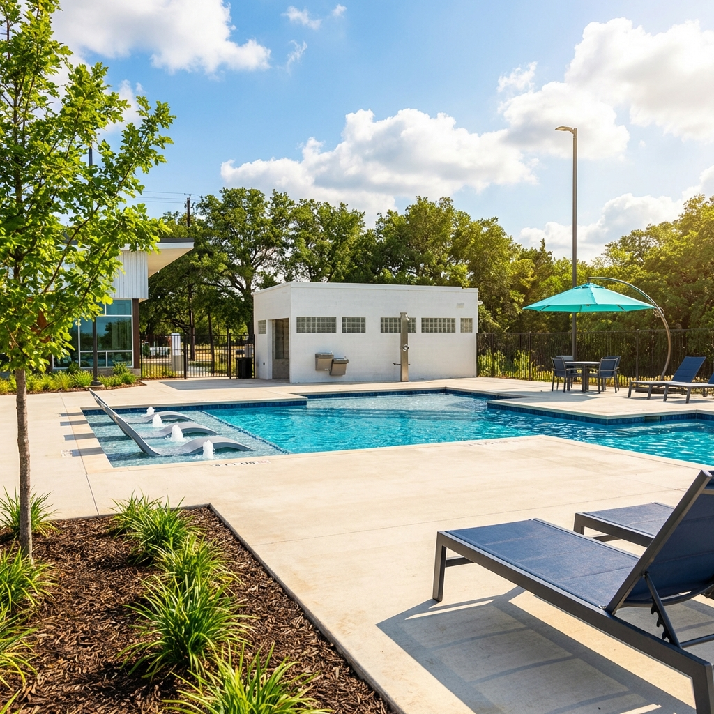 Casata San Marcos pool and amenities including gym, gardens, bbq grilling, fire pit, golf putting greens, and gaming.
