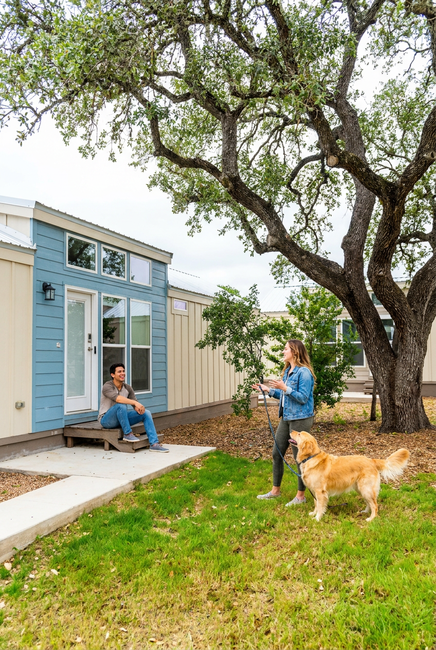 Casata San Marcos, a woman with a dog talking to a man sitting on the porch of a modern house with light blue and beige exterior walls, surrounded by green grass and trees, on a cloudy day. Enclave of cottage homes with common area.