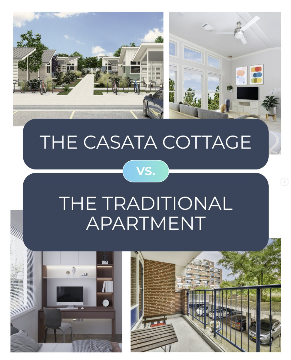 Casata instagram post Comparison between a modern cottage community with small houses and a nearby traditional apartment building with a balcony, featuring indoor and outdoor living spaces.