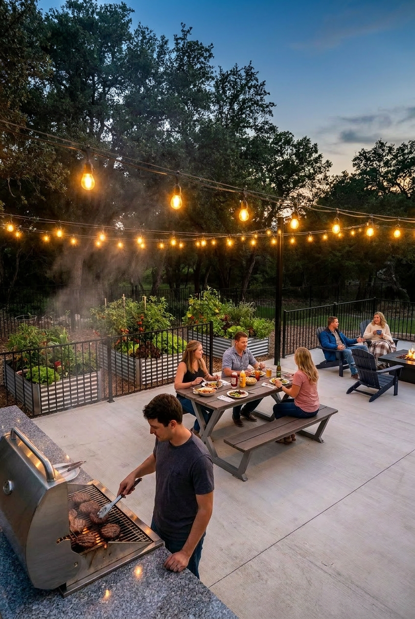 Casata San Marcos amenities with people enjoying an outdoor dinner gathering on a patio at dusk, with string lights overhead, a person grilling burgers, and a garden with raised beds in the background.