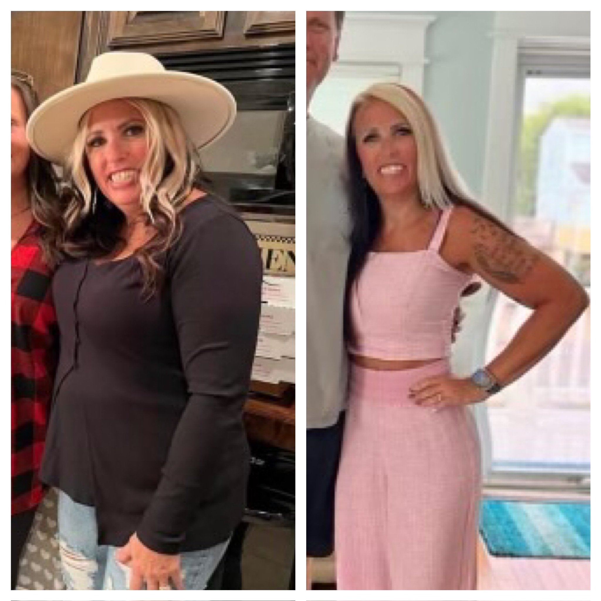 Side-by-side photos of a woman before and after a makeover. In the left photo, she has long wavy blonde and black hair, wears a large white hat, a black long-sleeve shirt, and patterned pants, smiling and posing indoors. In the right photo, she has s