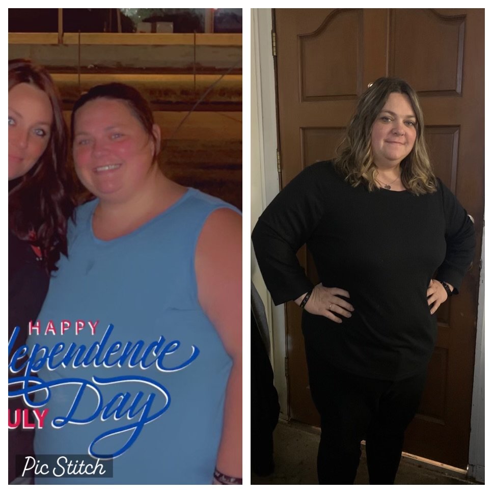 Side-by-side photos of a woman before and after her weight loss journey. In the left photo, she is smiling and wearing a blue sleeveless top with a 'Happy Independence Day' overlay. In the right photo, she is standing confidently in front of a wooden