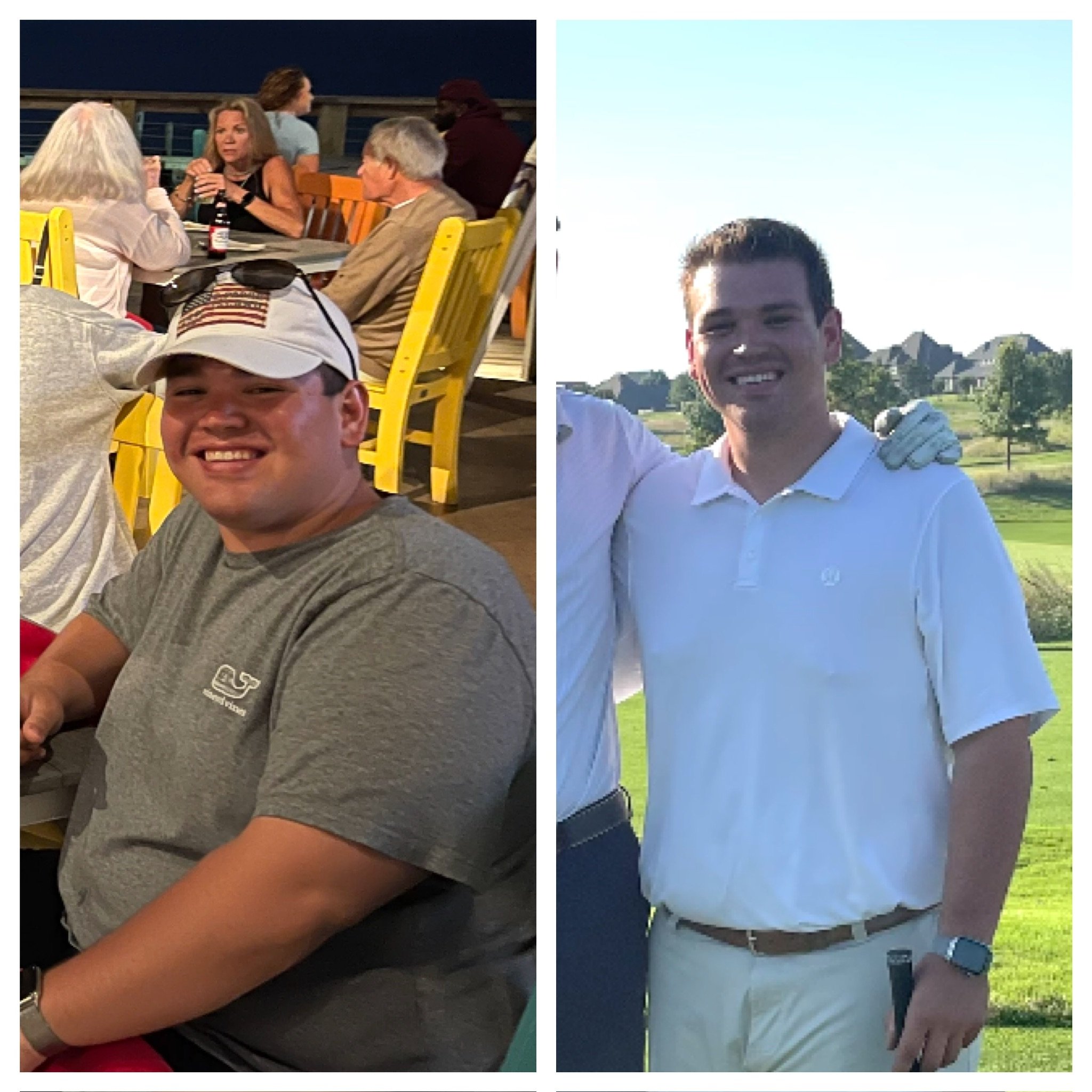 Side-by-side photos of a young man. The left photo shows him sitting at a table in a casual setting, smiling and wearing a gray T-shirt, baseball cap, and watch. The right photo shows him standing outdoors on a golf course, smiling, dressed in a whit