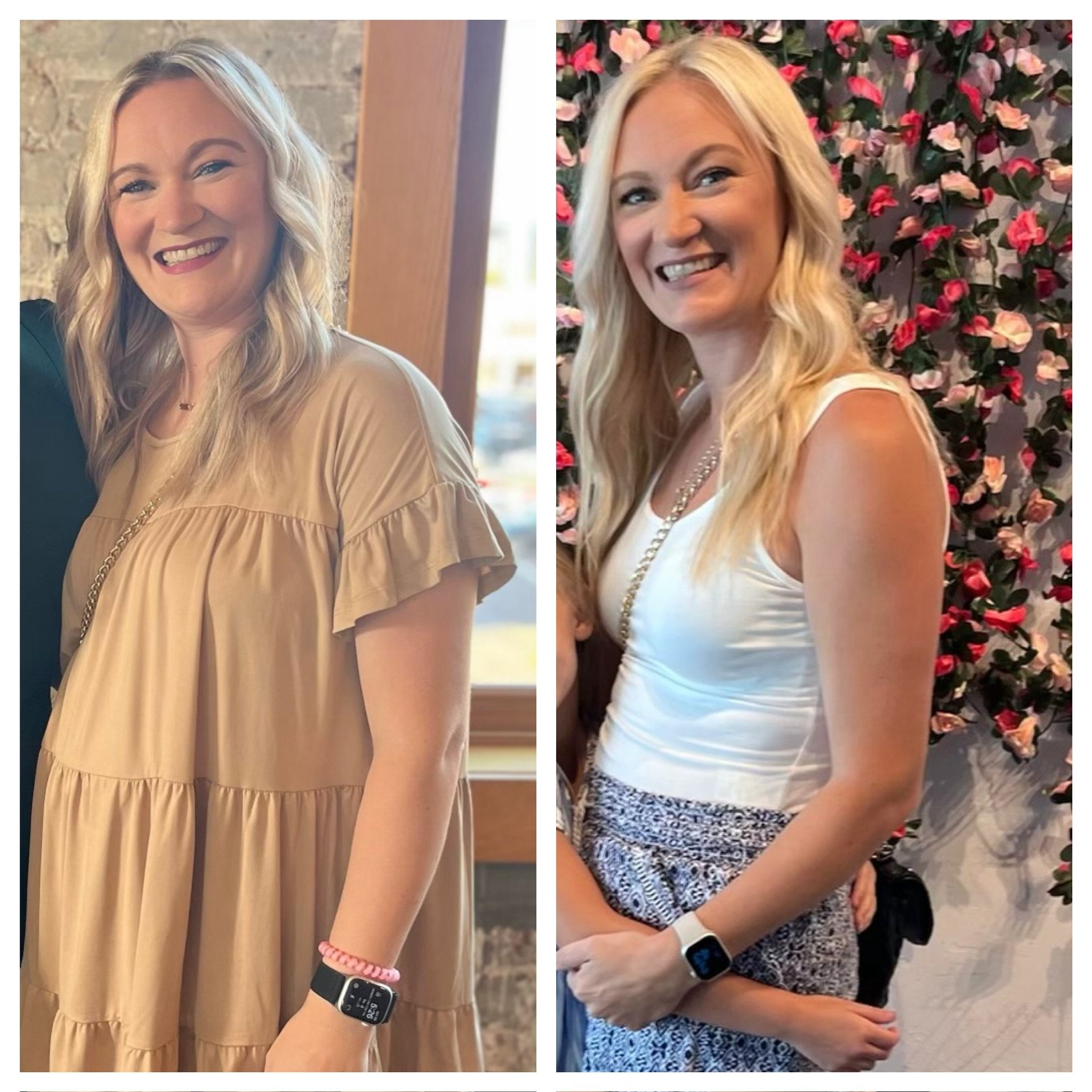 Side-by-side photos of a blonde woman smiling, wearing smartwatches, one in a tan dress indoors and the other in a white top and patterned skirt outdoors with pink flowers in background.