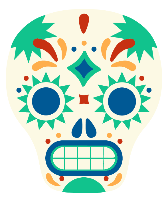 two dimensional skull illustration with Mexican inspired decoration