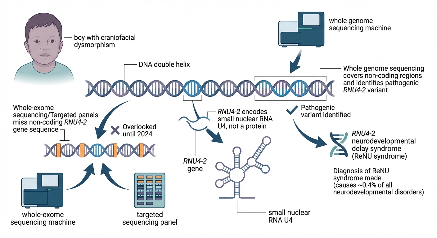 Genetic testing process for boy with craniofacial dysmorphism. It shows the use of whole genome sequencing and targeted panels to identify pathogenic RNU4-2 gene variants linked to ReNU syndrome, highlighting need for WGS or targeted panels