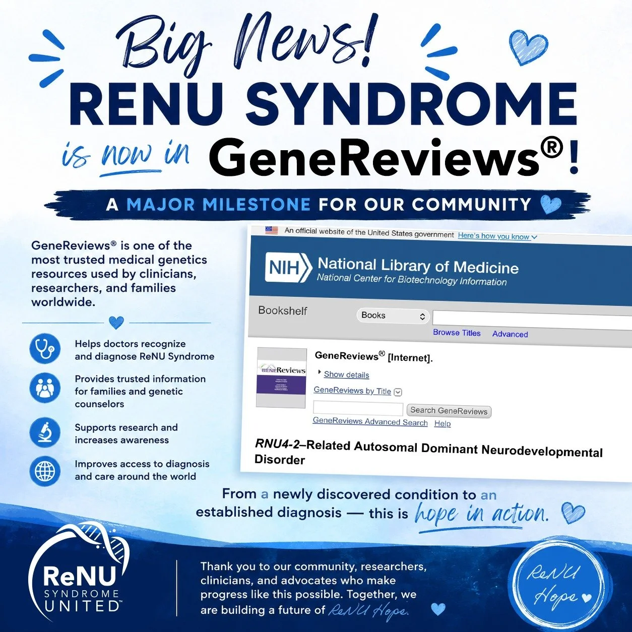 Big news for the ReNU community! 🎉 💙

ReNU Syndrome is now included in GeneReviews&reg;, one of the world's leading medical genetics resources. This milestone helps clinicians, researchers, and families access trusted information about ReNU Syndrom