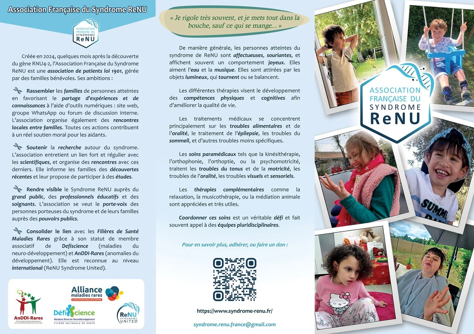 Brochure for the French Association of eNU  Syndrome with photos of smiling children playing outdoors and indoors.