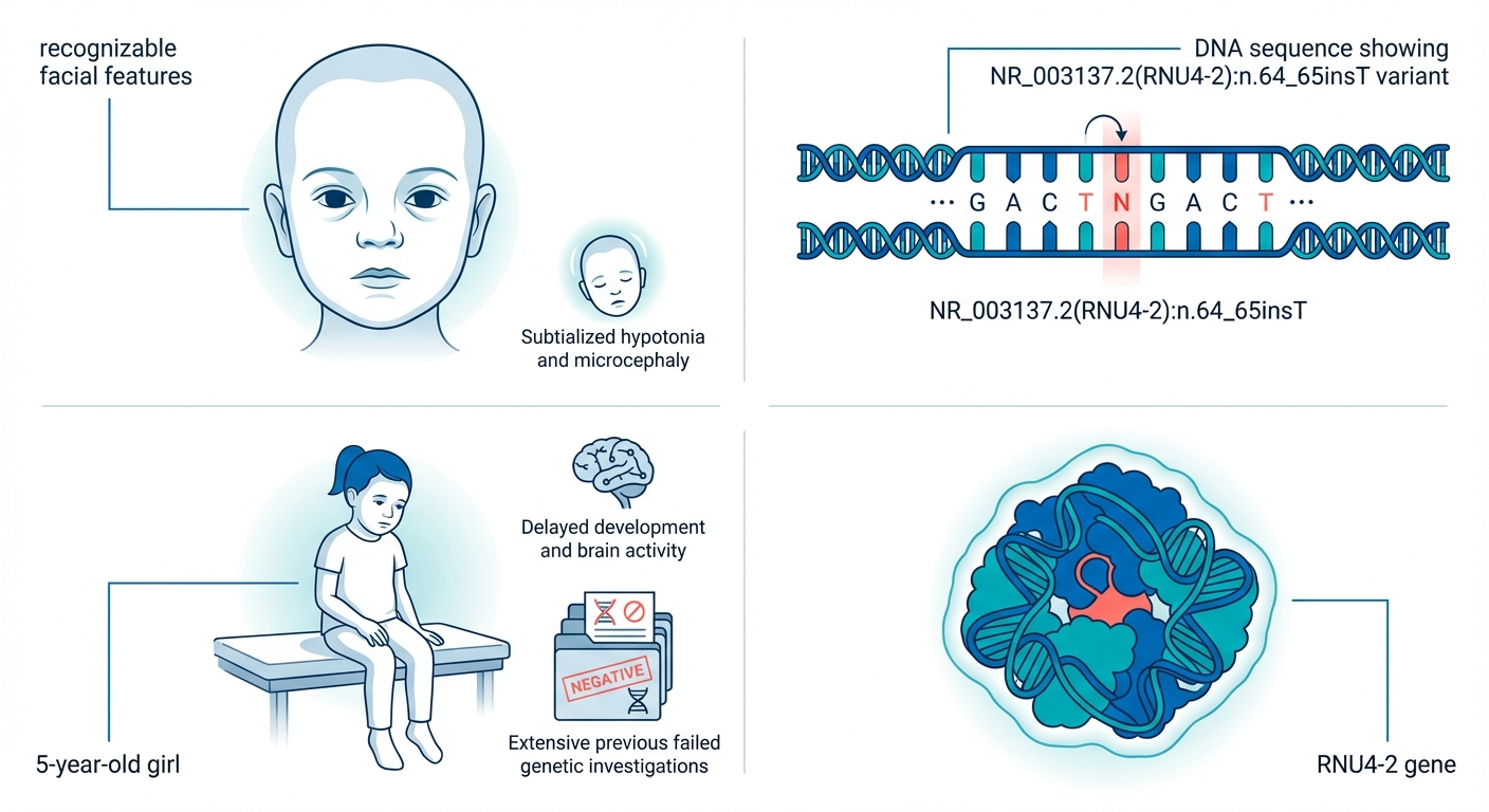 Diagram showing a 5-year-old girl with recognizable facial features, microcephaly, and hypotonia, alongside genetic elements including a DNA sequence with a mutation in the RNU4-2 gene, which is linked to delayed development and brain activity issues. The image depicts genetic investigations and a cell with DNA strands.
