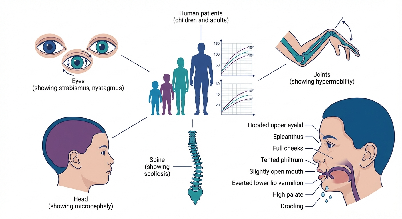 ReNU recognizable facial gestalt with dysmorphic craniofacial features: deep-set eyes with epicanthus; wide nasal bridge, upturned nose; large or cupped ears; full lips downturned corners; high-arched palate; drool, dental anomalies