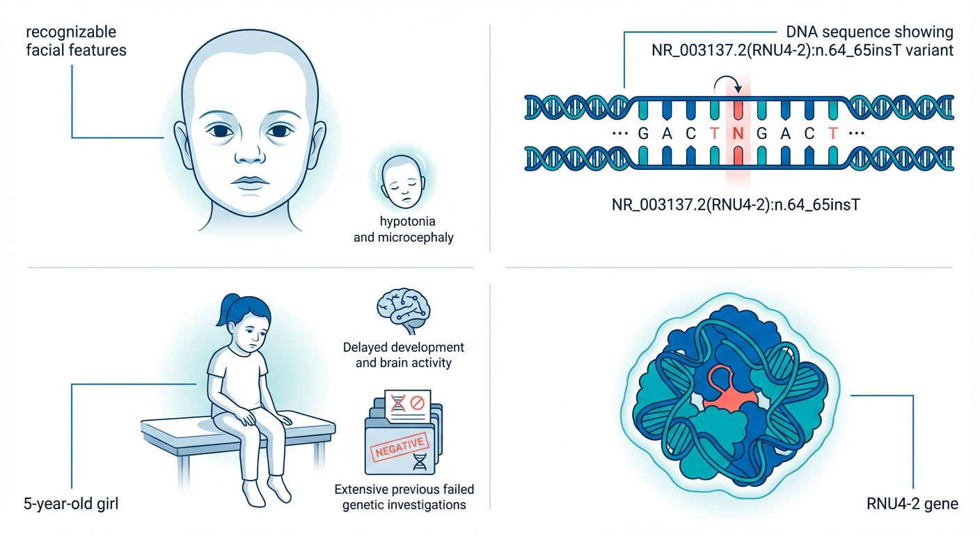 Diagram of a five-year-old girl with recognizable facial features showing hypotonia and microcephaly, with a close-up of a DNA sequence highlighting a T nucleotide, and a representation of the RNU4-2 gene with associated genetic information, indicating delayed development, brain activity issues, and extensive previous failed genetic investigations.