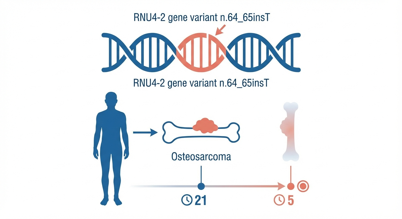 Haas, H. , Strom, S. , Kesari, A. , et al. (2025) A Rare Case of Osteosarcoma in an Individual with the Recurrent n.64_65insT Variant in the RNU4-2 Gene. Case Reports in Clinical Medicine, 14, 504-508. doi: 10.4236/crcm.2025.149064 