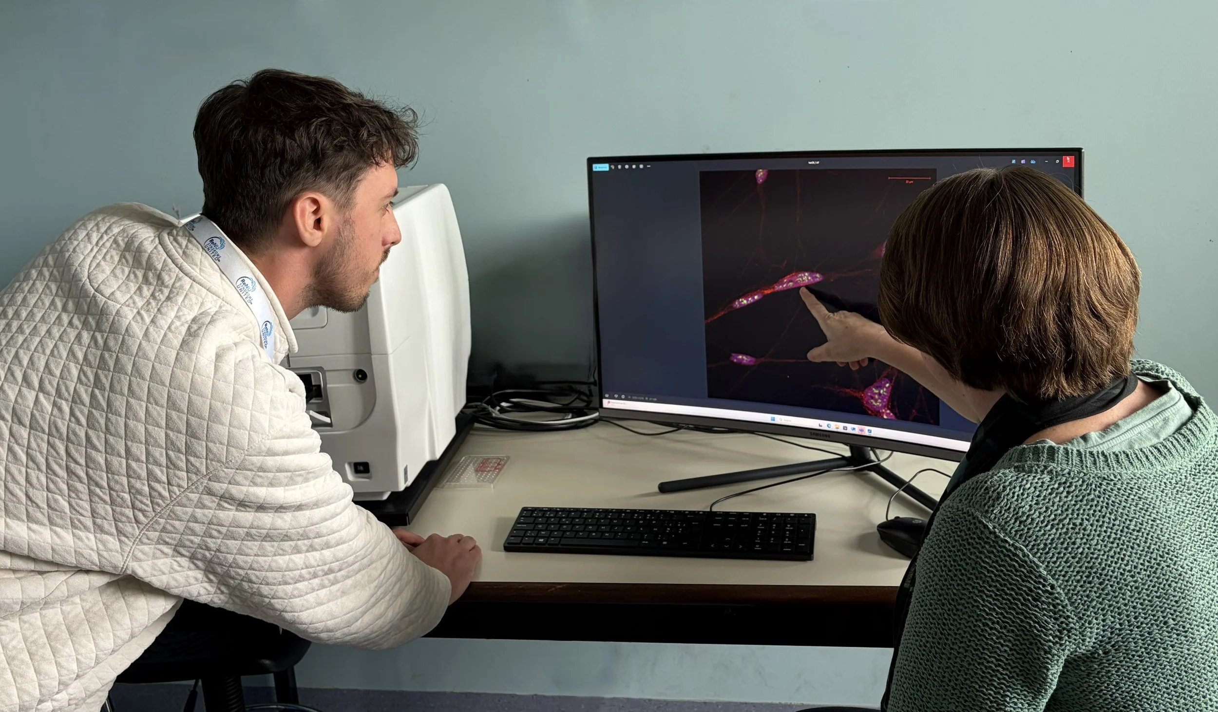 Two scientists in a laboratory examining cells on a computer screen, with laboratory equipment in the background.