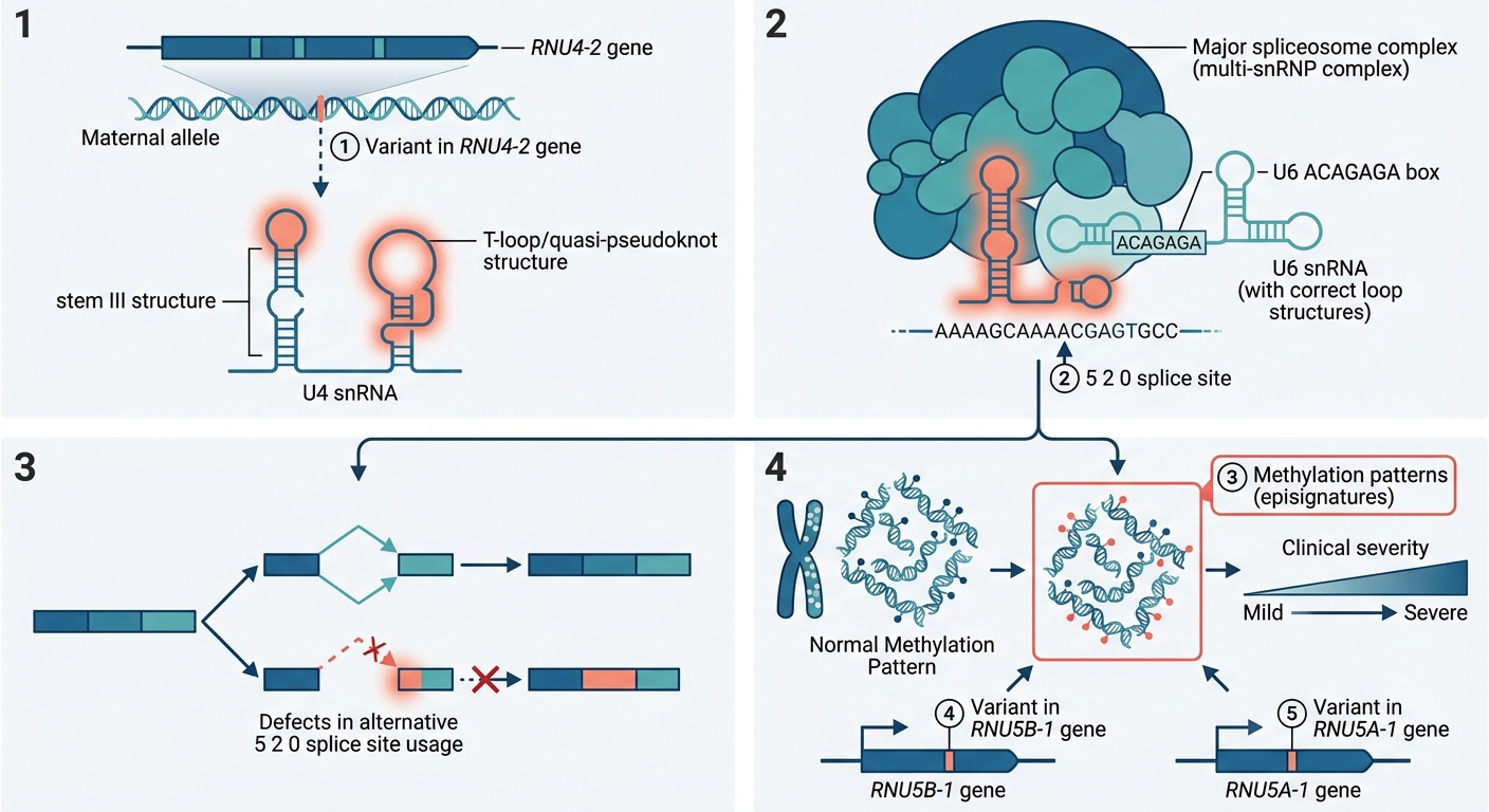 Diagram illustrating genetic variations and their impact on methylation patterns and clinical severity, involving RNU4-2 gene, splice site mutations, epigenetic patterns, and variants in RNU5B-1 and RNU5A-1 genes.