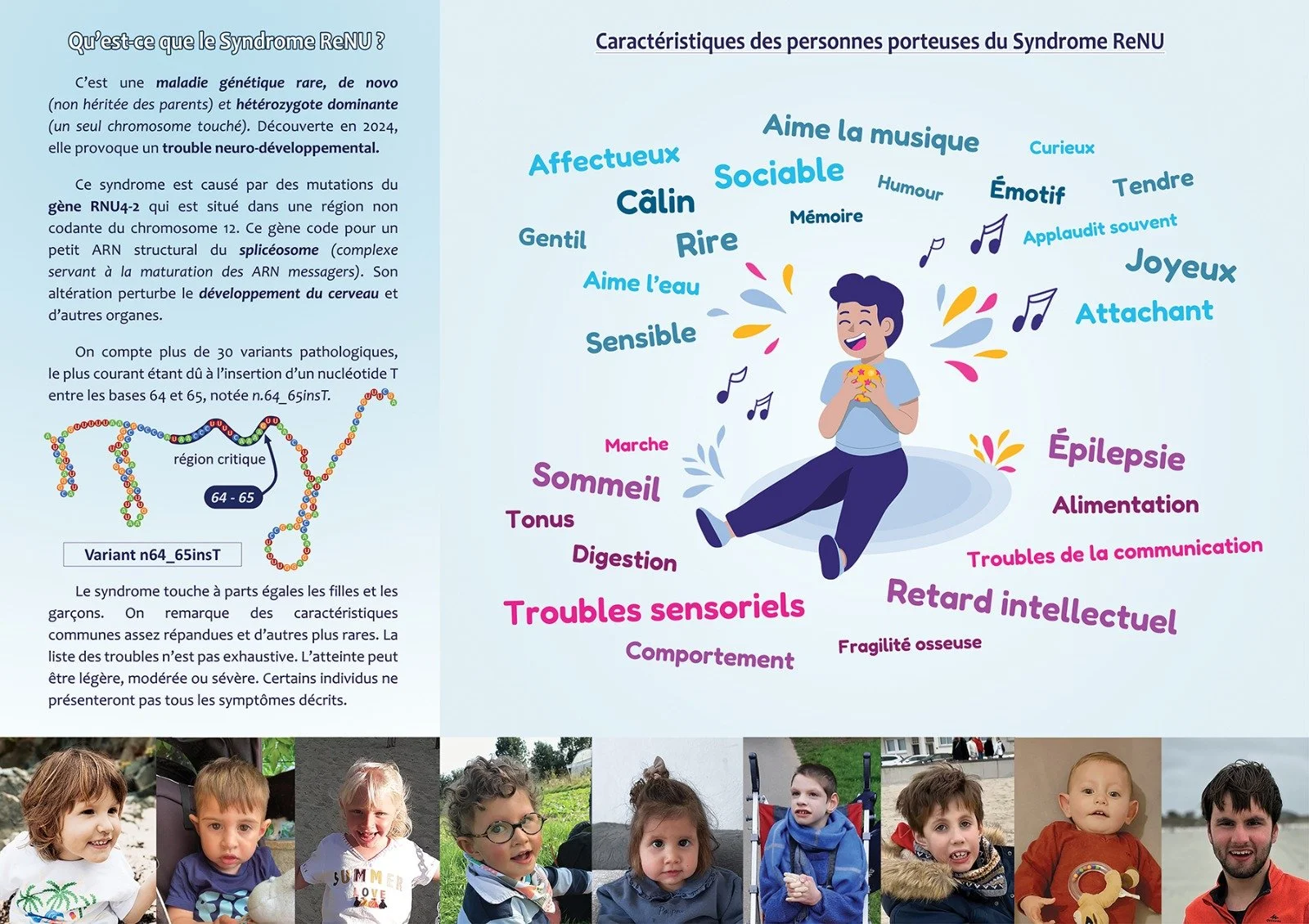 Infographic explaining characteristics of individuals with ReNU syndrome, including emotional, social, and physiological traits, with a smiling cartoon child in the center surrounded by descriptive words and a background of children's photos.