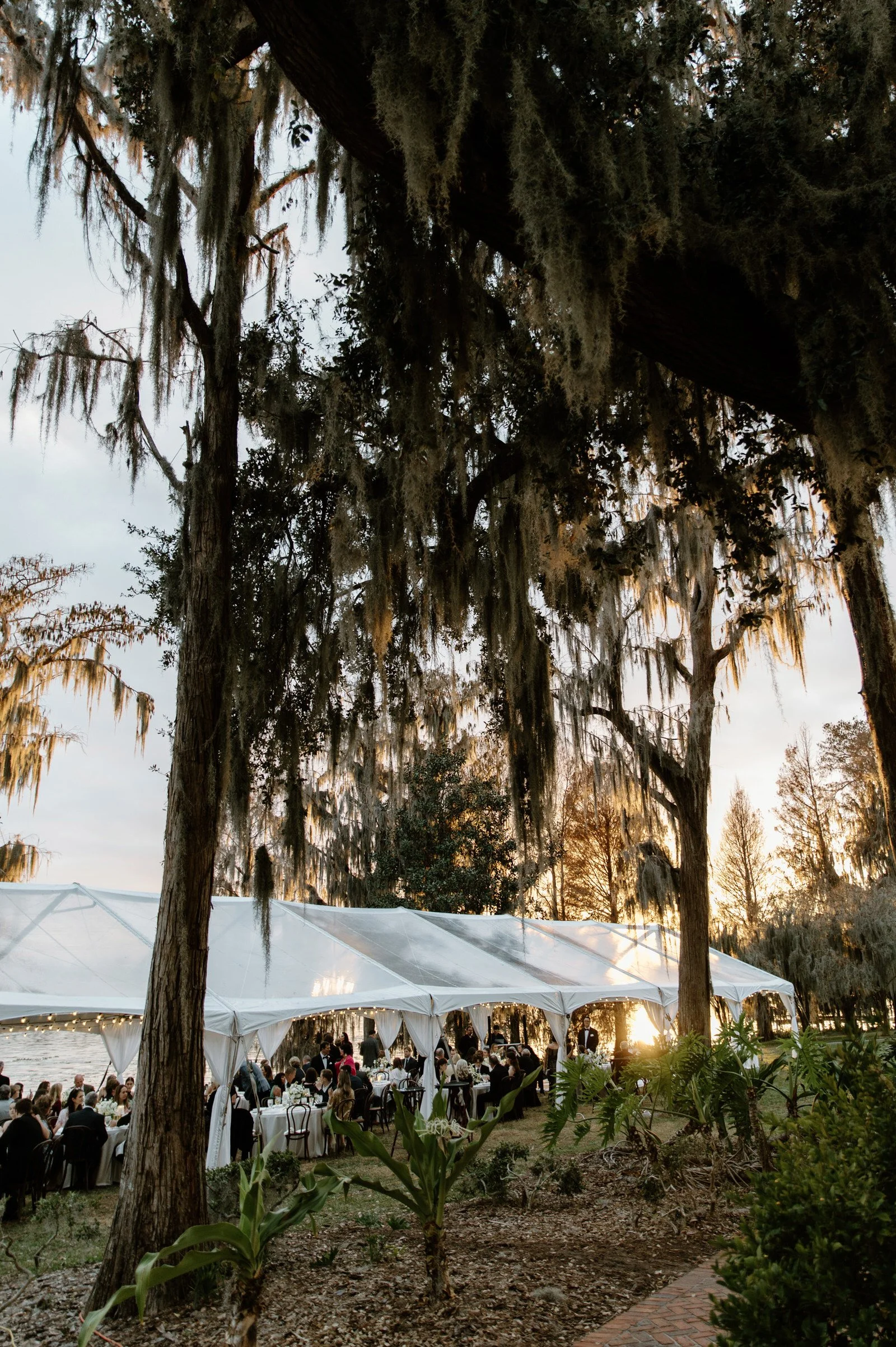 Clear tent reception setup at Cypress Grove Estate, Orlando, sunset filtering through Spanish moss, prepared for a rainy wedding day.