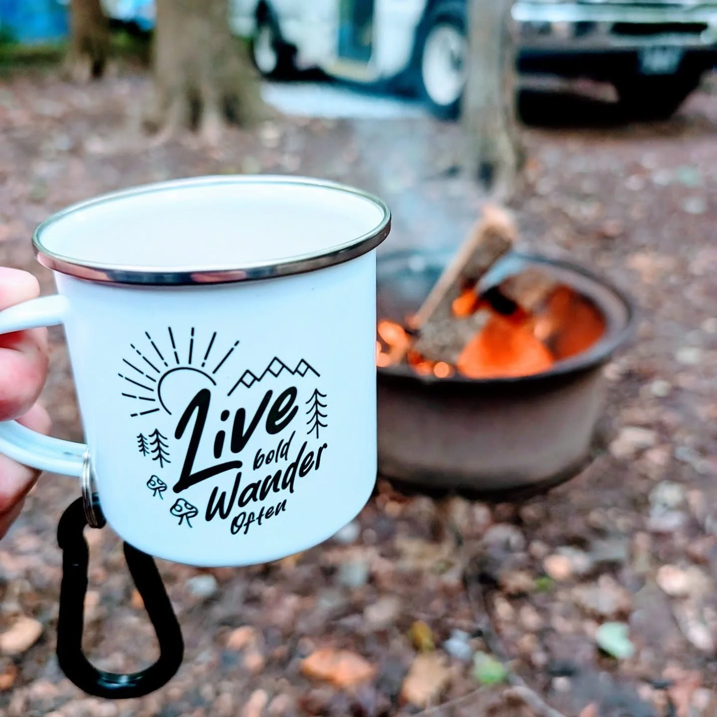 What's better than a warm drink around a campfire? Doing it with your favorite mug! 😉 Our Happy Camper Mug is waiting to join your journeys. Get yours today:  https://www.rebelnomadsupply.com/shop/p/happy-camper-enamel-mug #CampMug #OutdoorLife #Reb