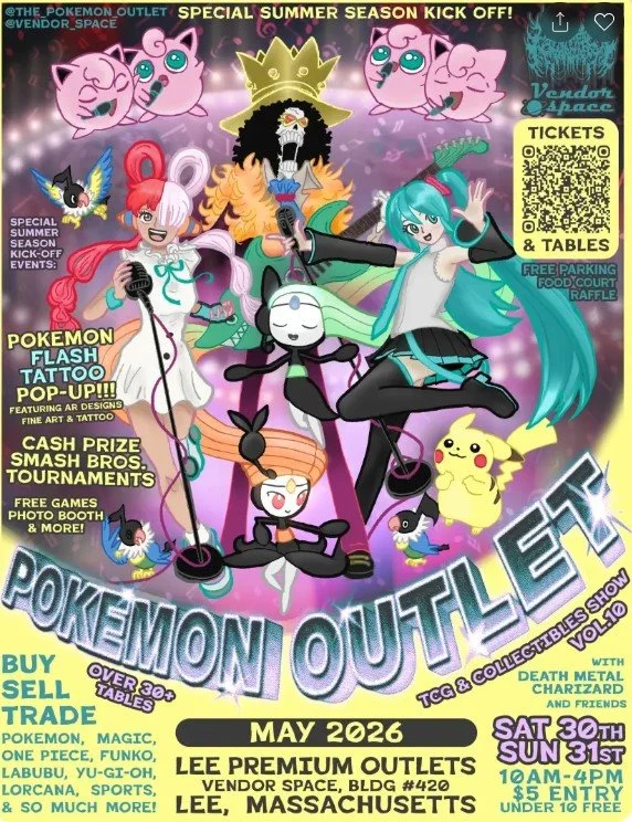 Come see us May 30th &amp; 31st at the Lee Premium Outlets for all things Pok&eacute;mon!
We&rsquo;ll be featuring exclusive event-themed tattoo artwork inspired by your favorite Pok&eacute;mon characters and designs. This is an all-ages event, howev
