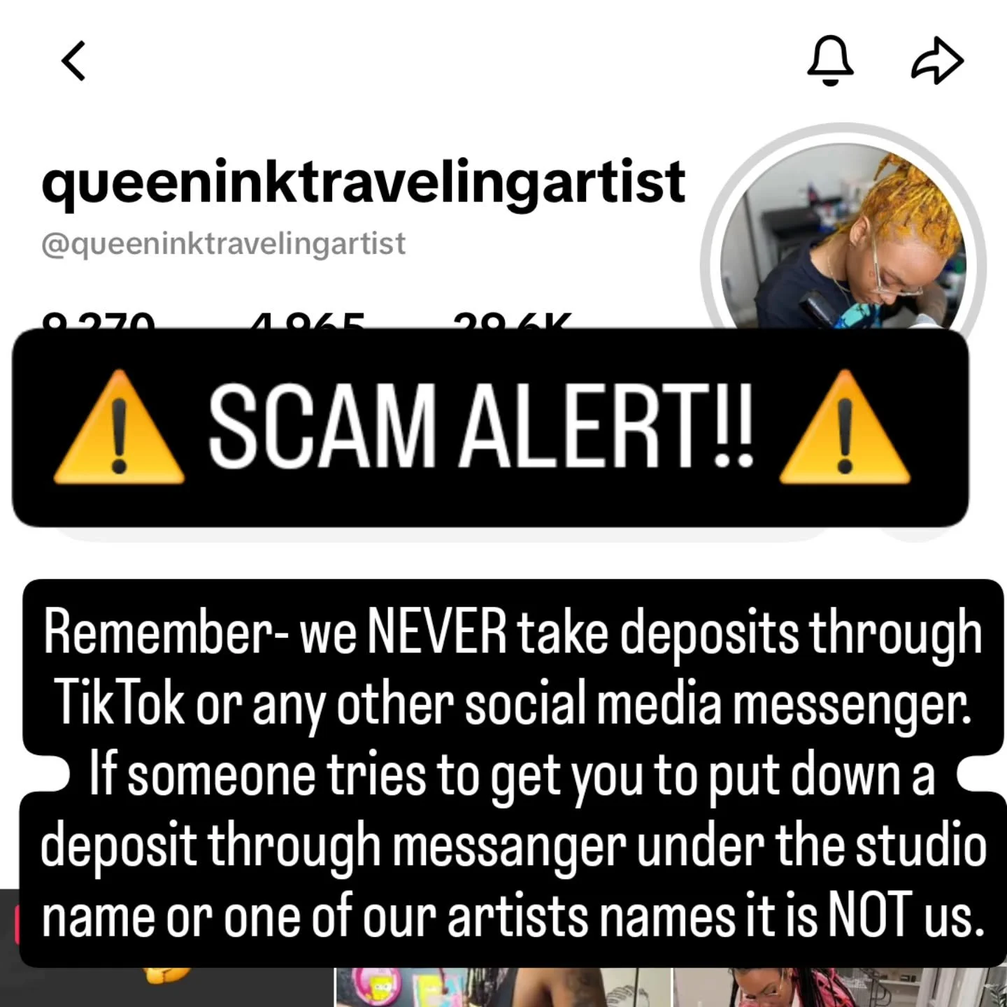 ⚠️ SCAM ALERT ⚠️ 

The profile above has been messaging people on TikTok pretending to be one of our artists. We NEVER do deposits or booking via social media. We are a professional studio with a specific booking process that begins on our website an