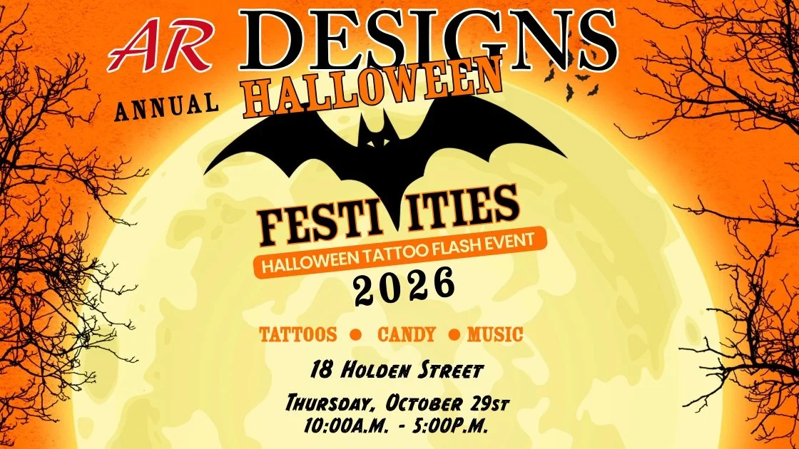 🎃👻 Spooky season is bringing fresh ink to AR Designs! 🦇🖤
Our Halloween 2026 Flash Event is about to kick off, and we&rsquo;ve got a wicked collection of flash art waiting for you! Stop into the studio, check out the designs, and find the piece th